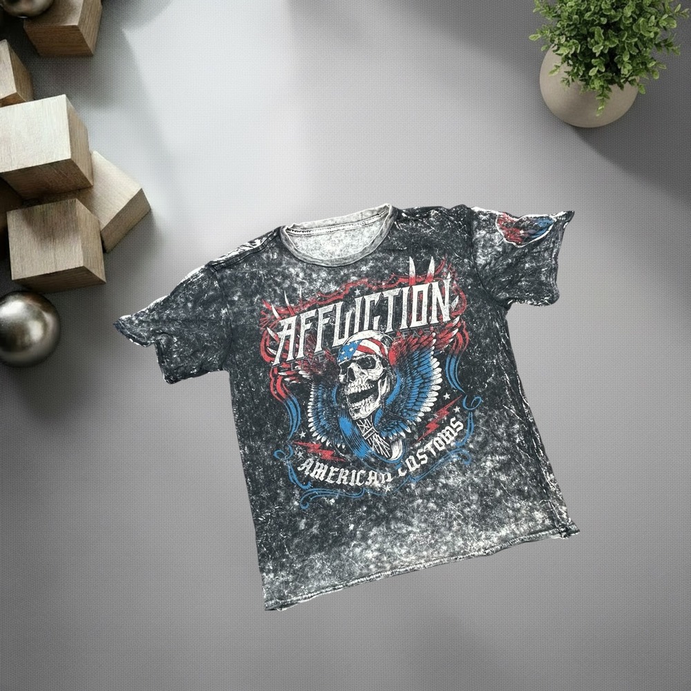 Affliction American Customs T Shirt Black Acid Wash Skull Wing Y2K Biker‎ Boxy